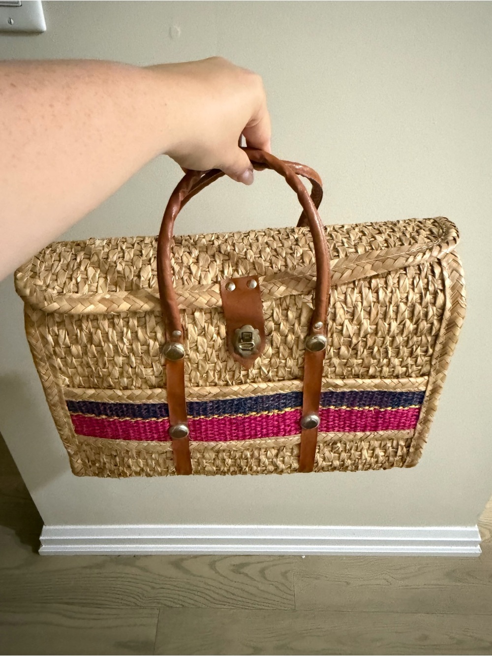 Woven Straw Satchel Bag with Pink & Purple Stripe - Picture 5 of 5
